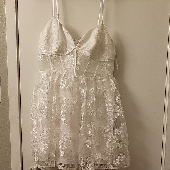 Lulus Dresses & Skirts - Lulu's Radiant Desires White Embroidered Sequin Mini Skater Dress. Size L